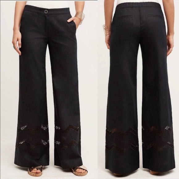 NWOT Anthropologie Elevenses Openwork Black Wide Leg Linen Blend Pants Sz 10 T - Picture 1 of 11